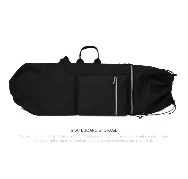 Lightweight waterproof skateboard backpack in black nylon with skateboard storage compartment