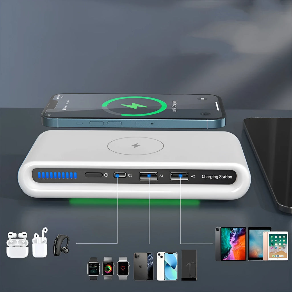 White desktop wireless charger with 15W fast charging and 8-colour atmosphere lamp functions