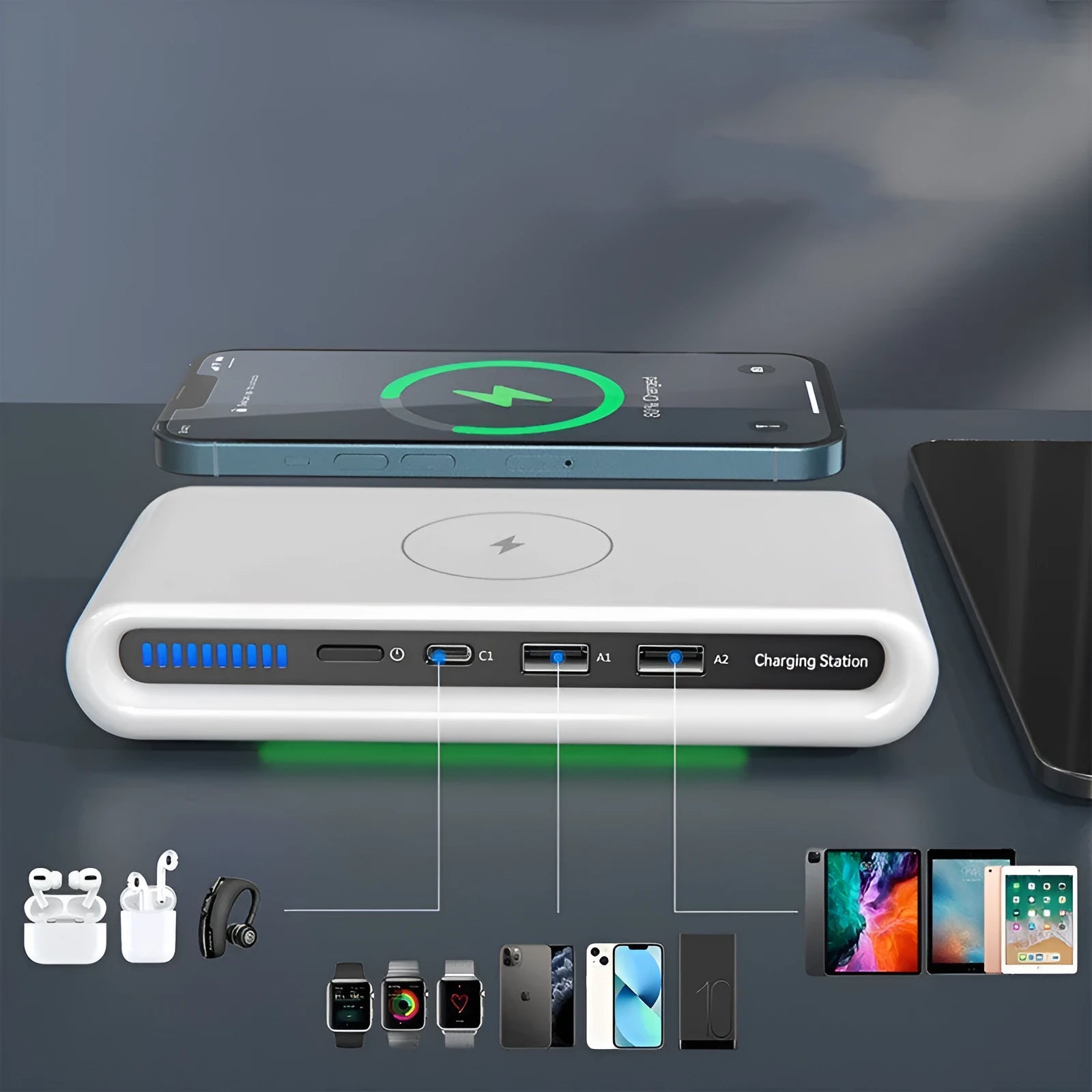 White desktop wireless charger with 15W fast charging and 8-colour atmosphere lamp functions