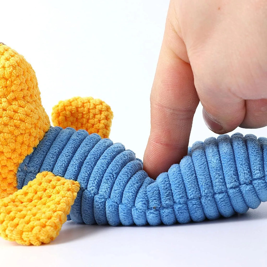 Dog squeaky chew toy shaped like a stuffed animal, 19cm long, for teeth cleaning and play.
