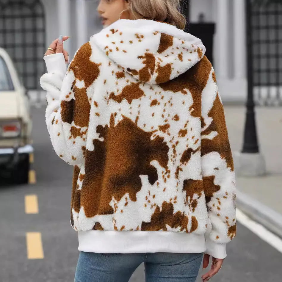 Yellow brown cow print plush hooded zip-up cardigan jacket