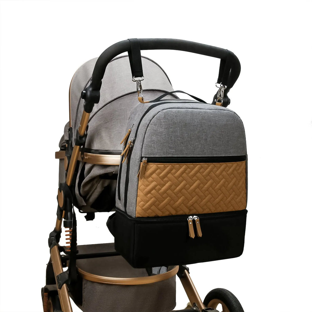 Grey insulated Oxford cloth mother and child travel backpack with curved shoulder straps, shown with dimensions 34x15x44cm