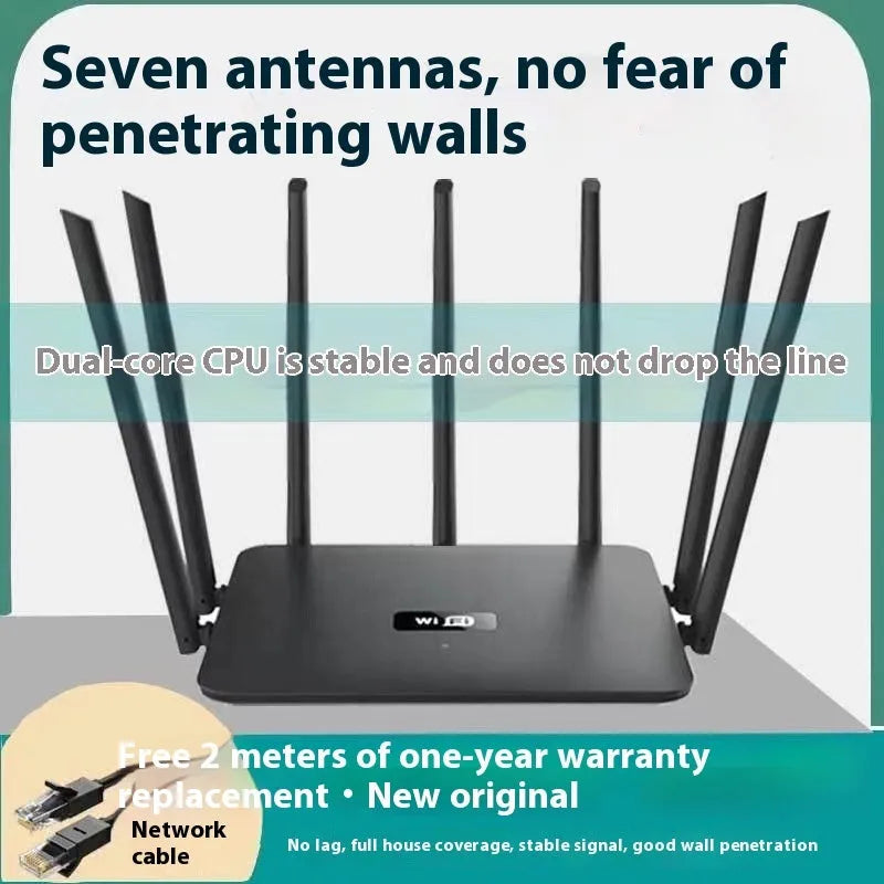 Black or white dual-band 5G Gigabit router with multiple antennas for through-wall WiFi coverage measuring 50x30x10 cm