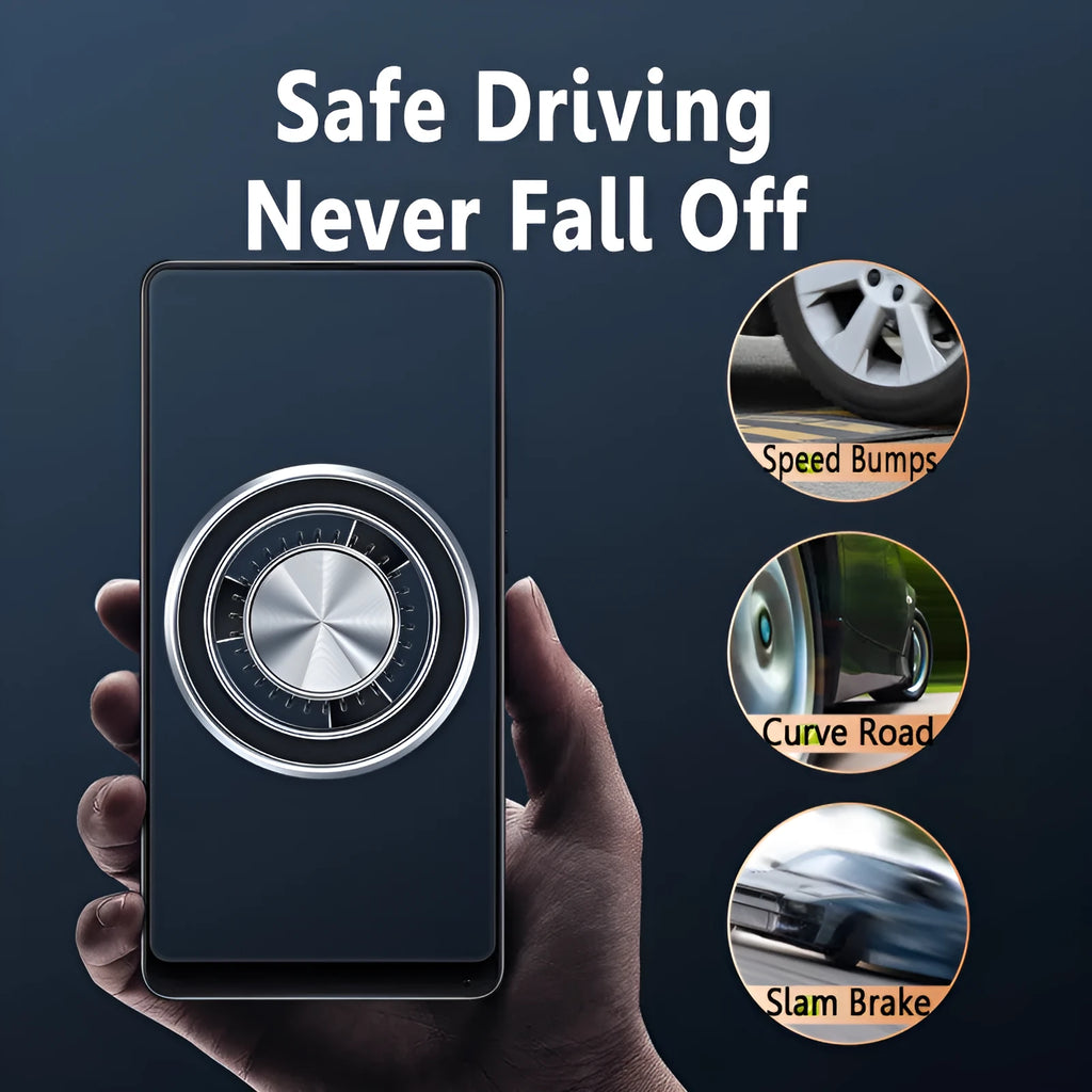 Silver air vent magnetic phone holder mounted on car dashboard with smartphone attached