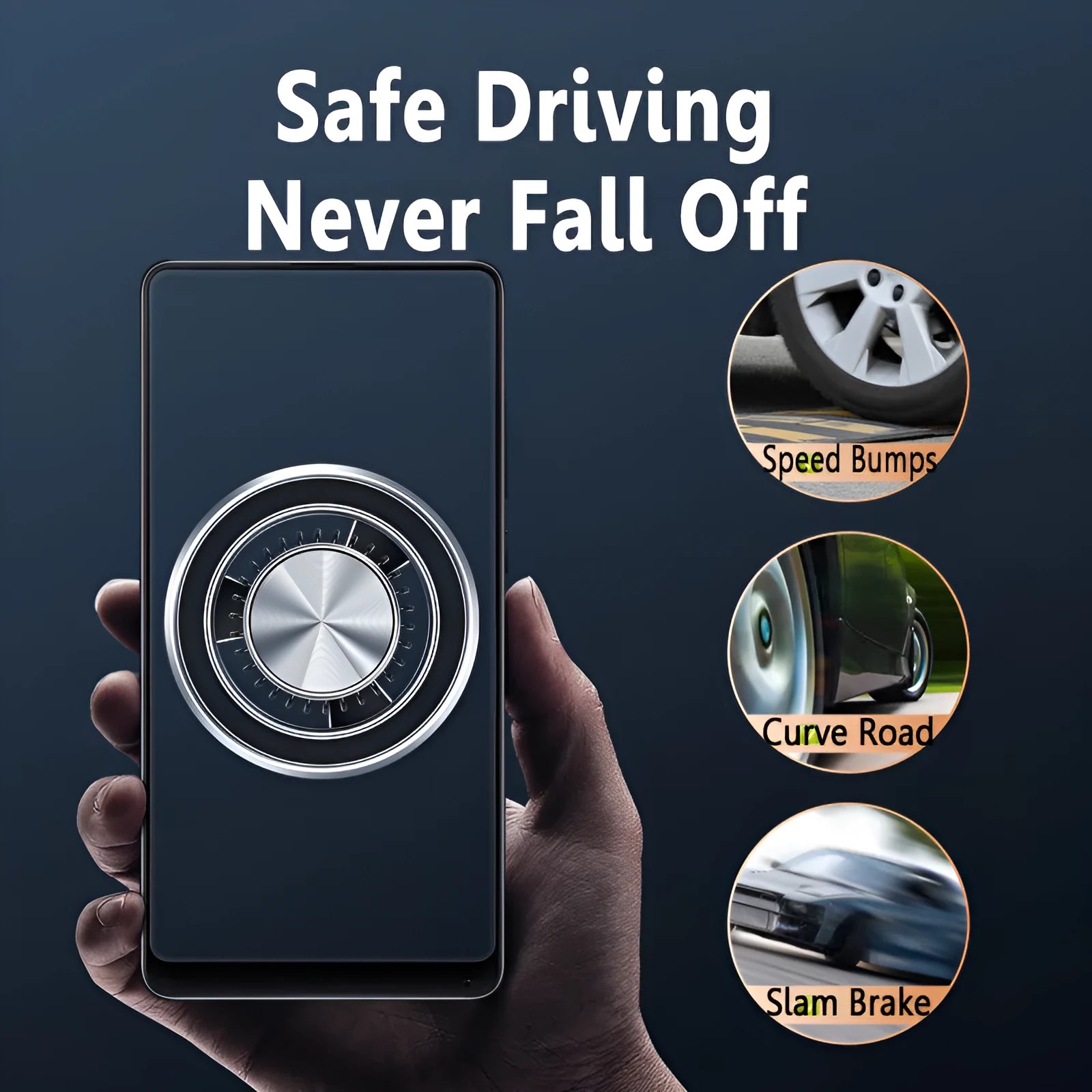 Silver air vent magnetic phone holder mounted on car dashboard with smartphone attached