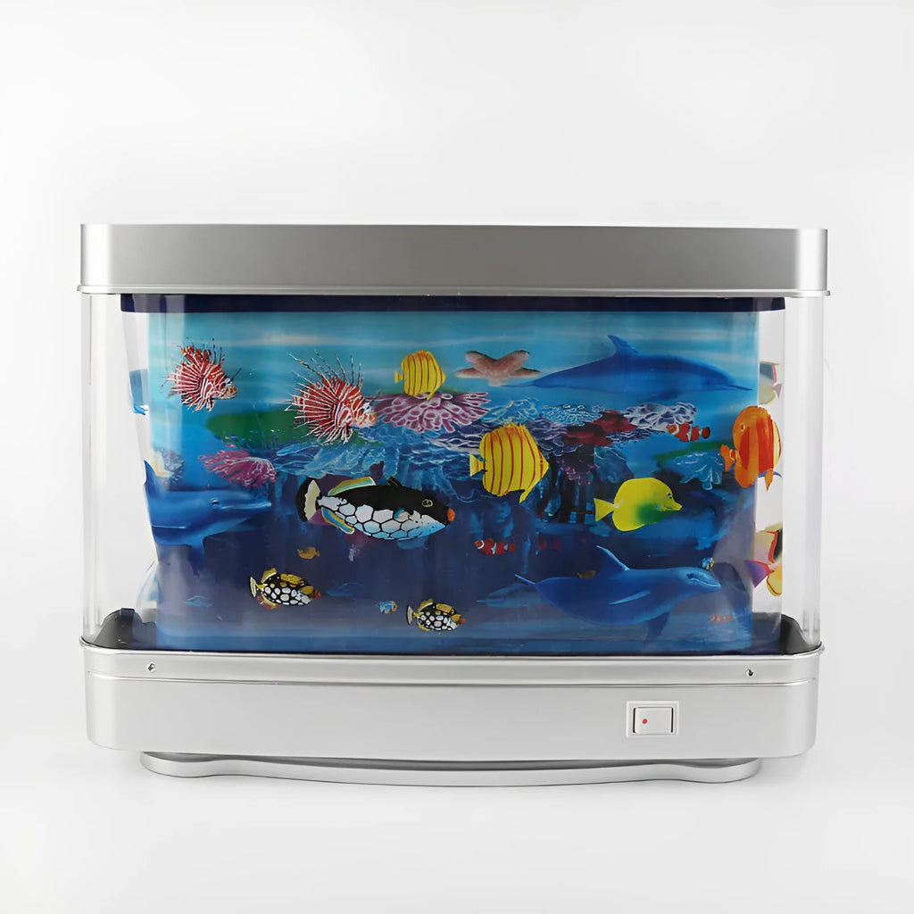 LED aquarium night lamp with plastic shell, fish design, 5W power, IP43 rating, and 30cm x 7cm x 23cm size