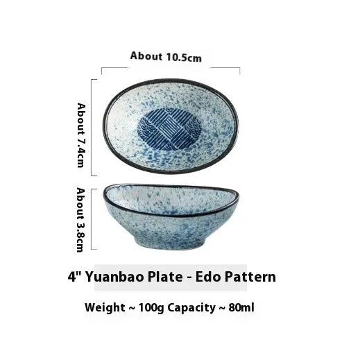 Oval Japanese ceramic dipping bowl with underglaze decorative pattern for sauces