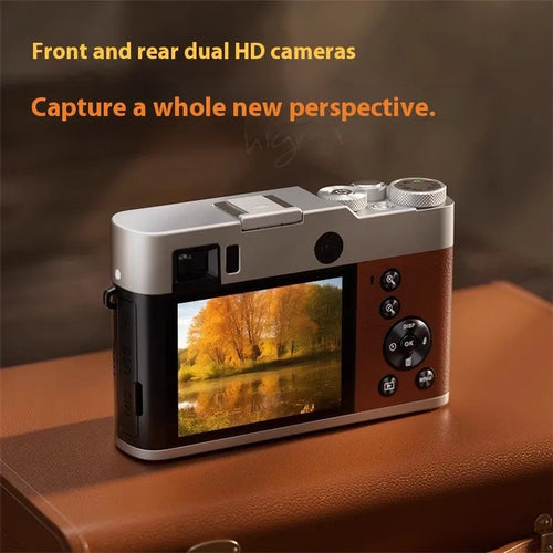 Black 5K digital camera with dual lenses and optical viewfinder displayed with accessories