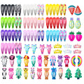 Assortment of 100 metal snap hair clips in candy colours including animal, fruit, crown and star shapes.