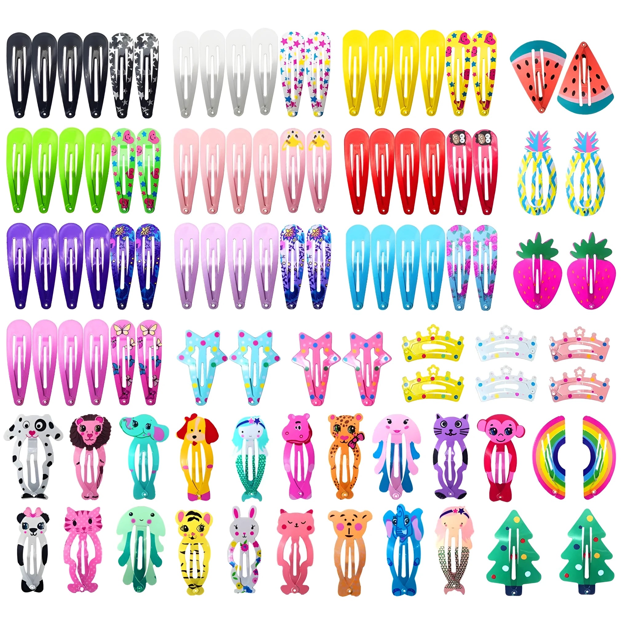 Assortment of 100 metal snap hair clips in candy colours including animal, fruit, crown and star shapes.