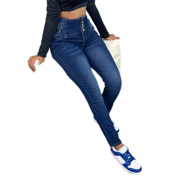 Women's dark blue straight-leg trousers with breasted waist button closure