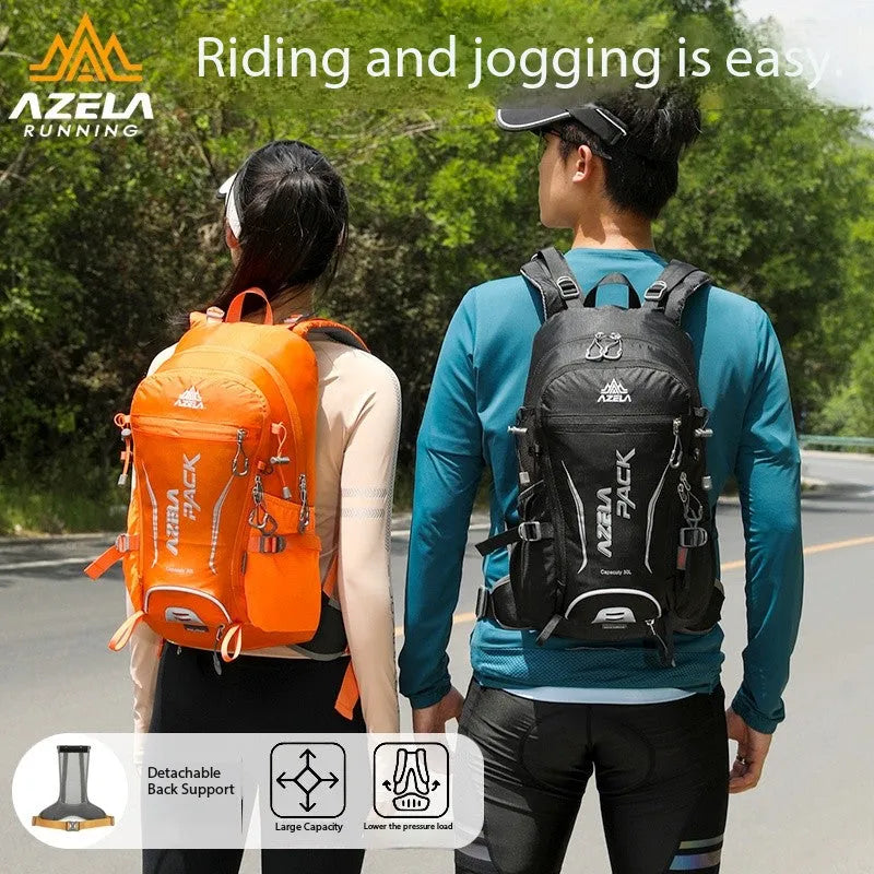 AZELA 30L orange hiking backpack with multiple compartments for trekking, camping and travel