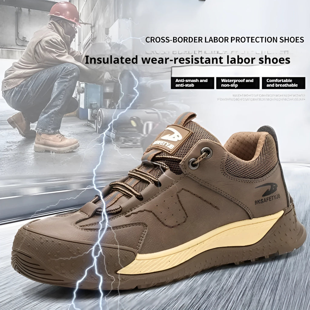 Flyknit safety work shoes with leather upper and rubber sole available in black, brown, and grey