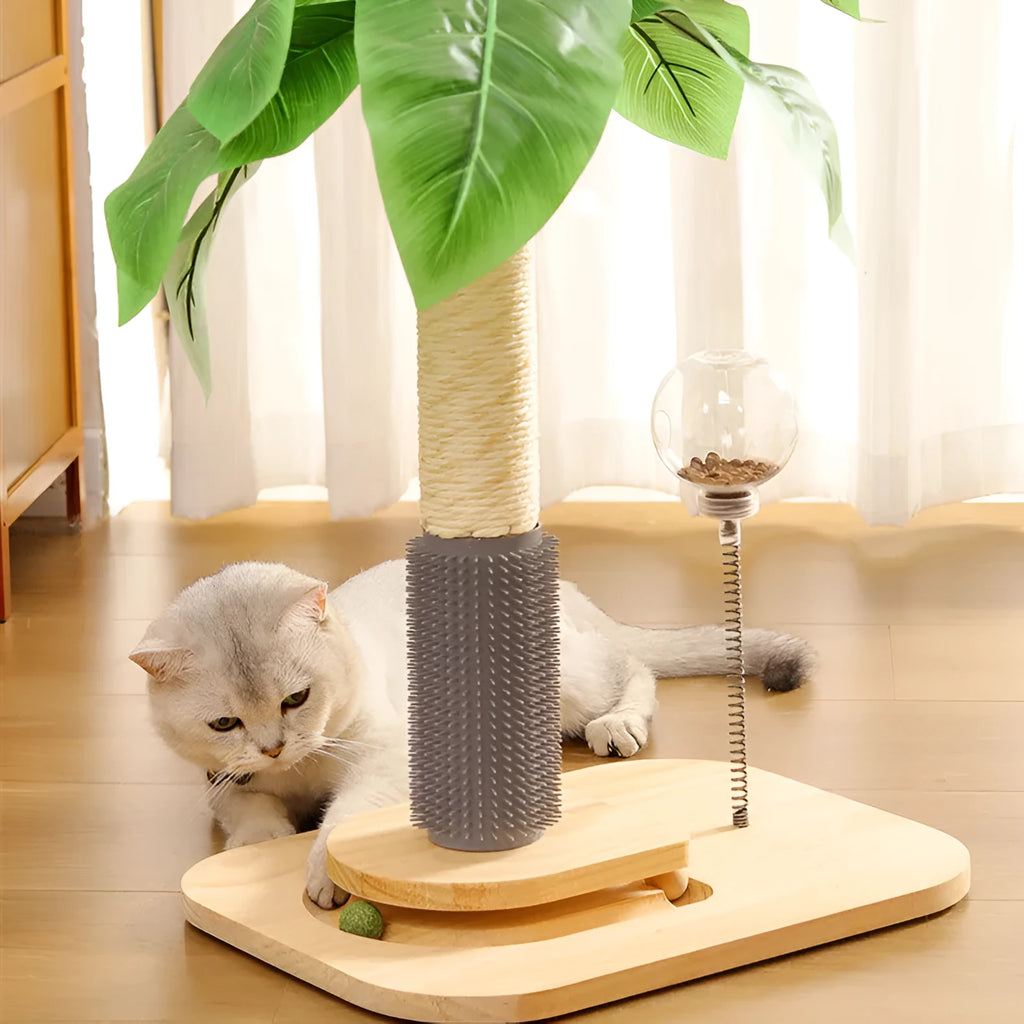 Wooden vertical cat scratching post in a canna colour on a simple base.