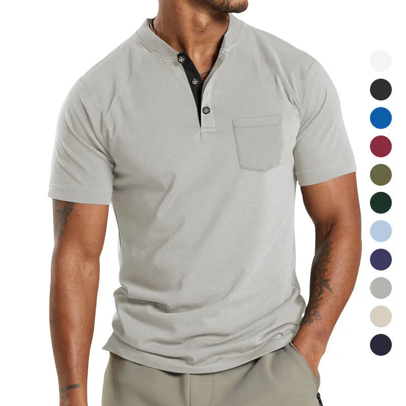 Men's plus size short sleeve solid colour shirt with a button chest pocket on a hanger.