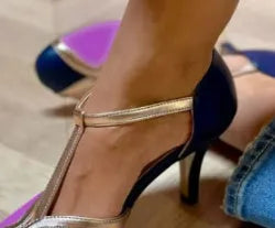 Large size high heels with round toe and button fastening in light blue pink, blue rose red, and wine red black colours