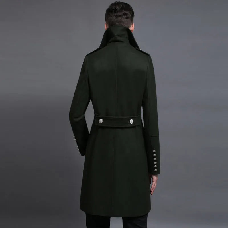 Men's double-breasted flax coat in dark blue, loose fit, retro button decoration, sizes S to 6XL