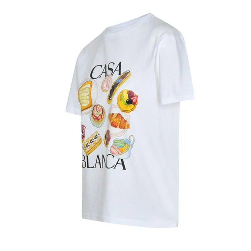 White short sleeve T-shirt with afternoon tea and hamburger print, stripe pattern, loose linen top in S M L XL