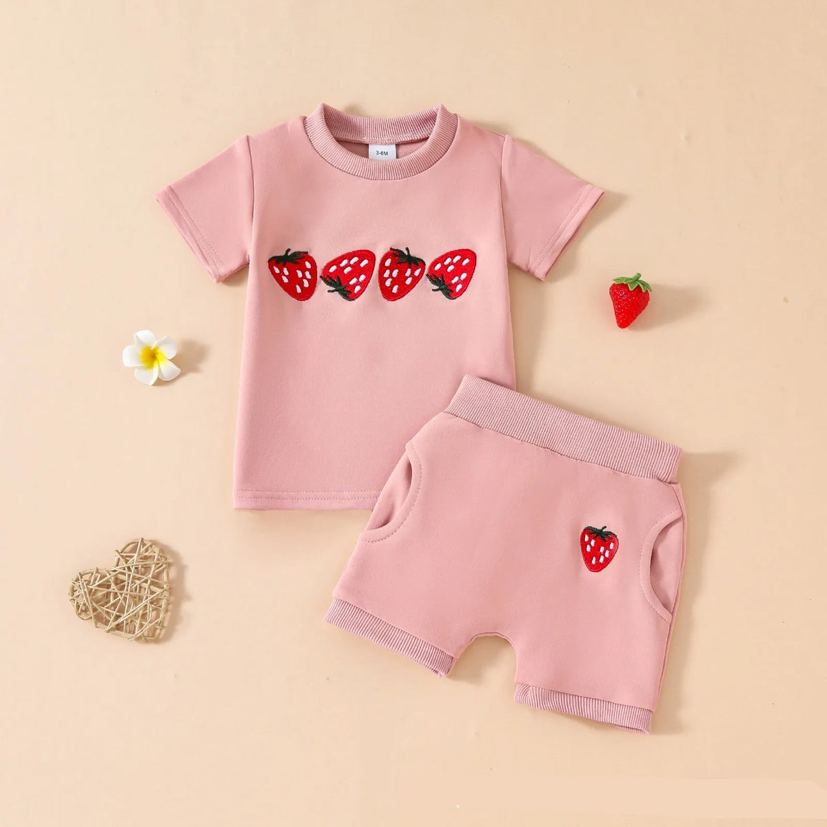 Cotton baby shirt and pants set with embroidered letter top, round neck, short sleeves and pocket