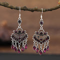Retro purple alloy drop earrings with crystal elements and long fringe detailing
