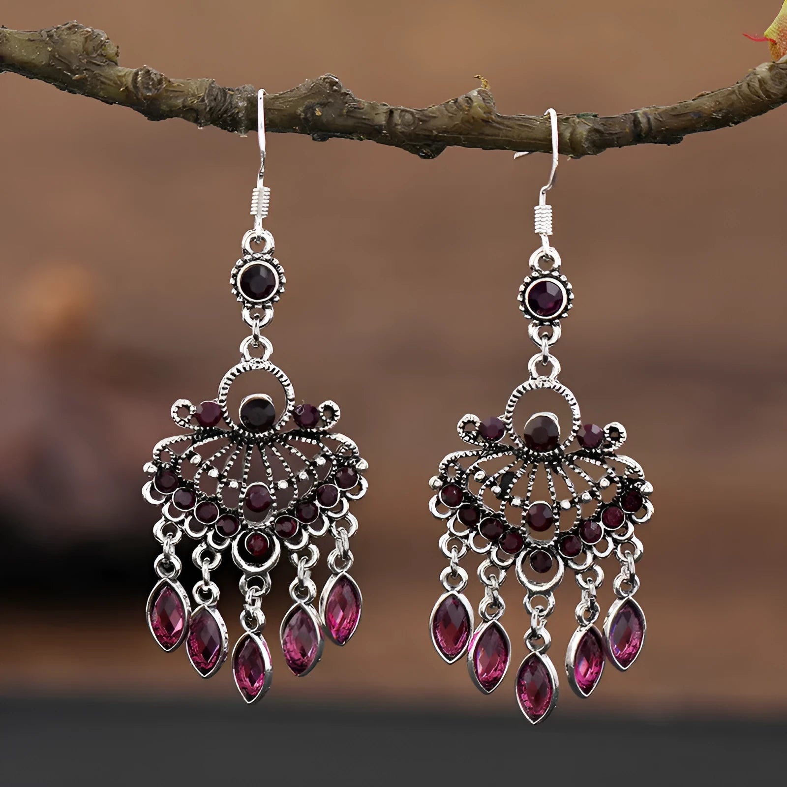 Retro purple alloy drop earrings with crystal elements and long fringe detailing