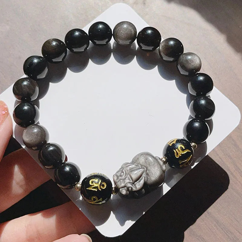 Men's natural silver stone bracelet with Chinese zodiac signs and adjustable design