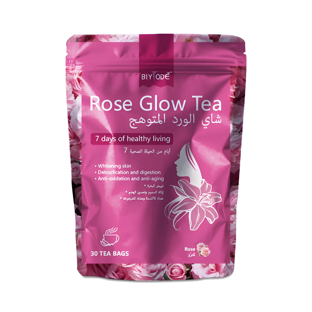 Rose Glow herbal supplement tea bag box with 30 tea bags and chrysanthemum ingredients for skin brightening