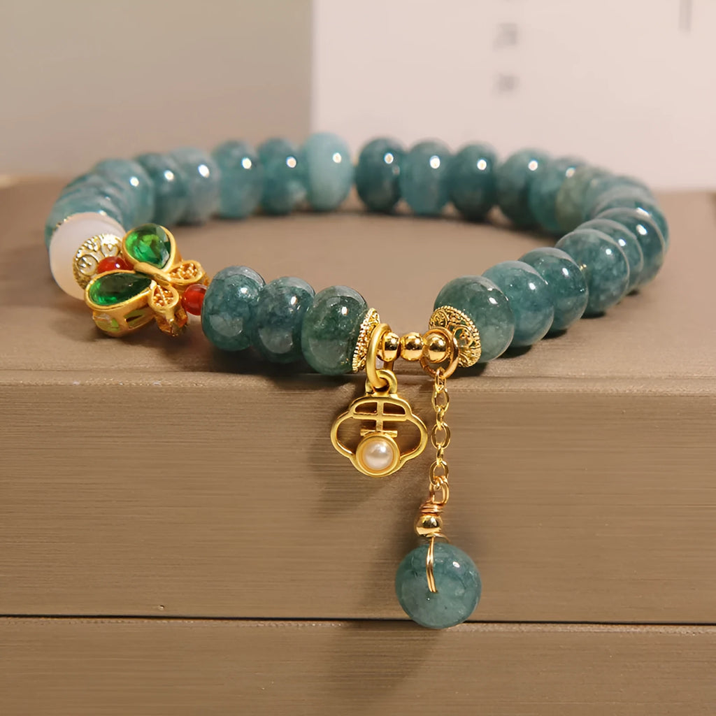 Blue water jade beads crystal bracelet with alloy inlay and abacus design elements