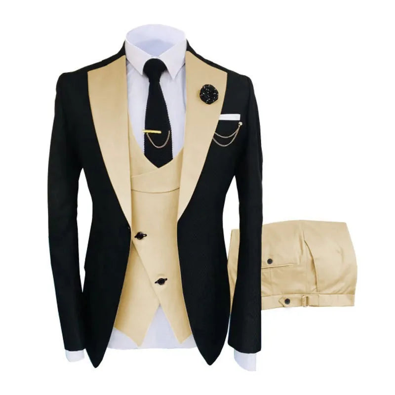 Men's slim fit three-piece business suit with coat, vest and trousers in cotton fabric