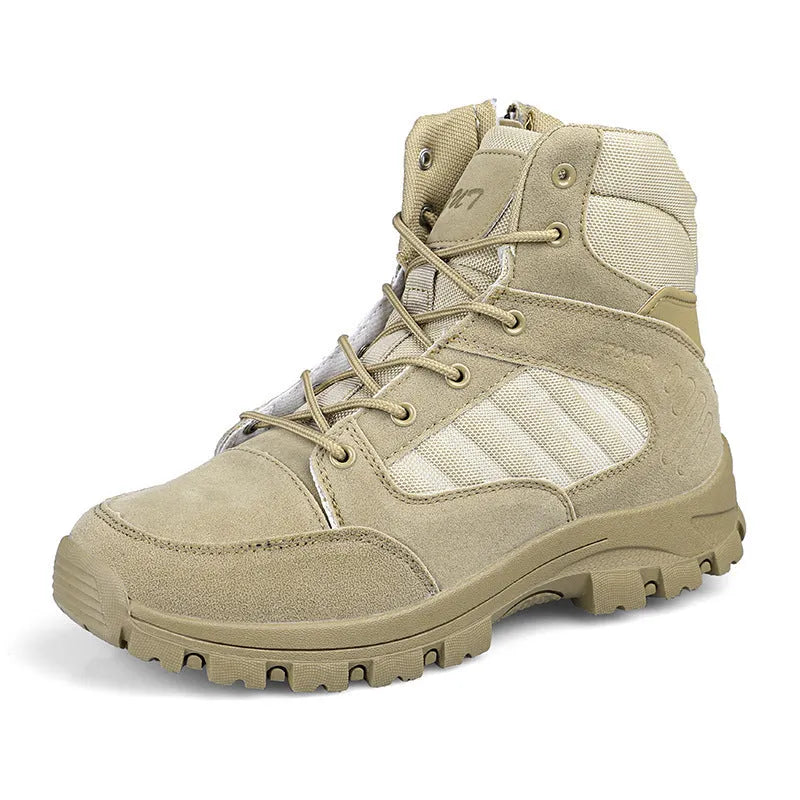 Men's high-top hiking shoes in black camouflage with artificial PU upper and metal hardware.
