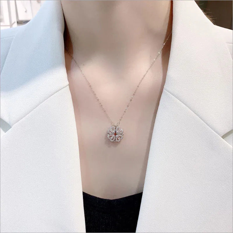 Silver detachable four leaf clover necklace in titanium steel with zircon stones and magnetic folding heart pendant