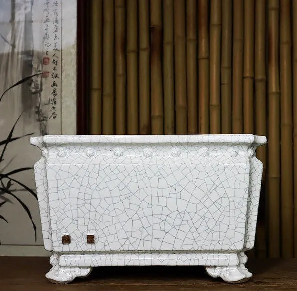Large diameter ceramic flower pot with handmade crackle glaze surface in Chinese style, available in Dark, Light mung bean, or White.