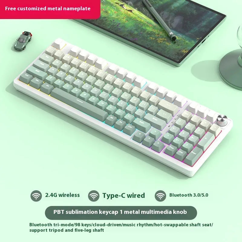 98-key wireless Bluetooth mechanical keyboard kit with metal control knob and multiple colour options