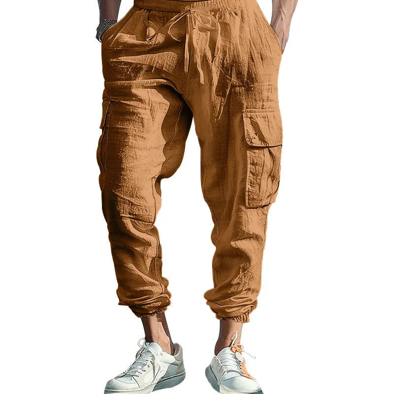 Men's linen casual trousers with ankle drawstring and multiple pockets in solid colour