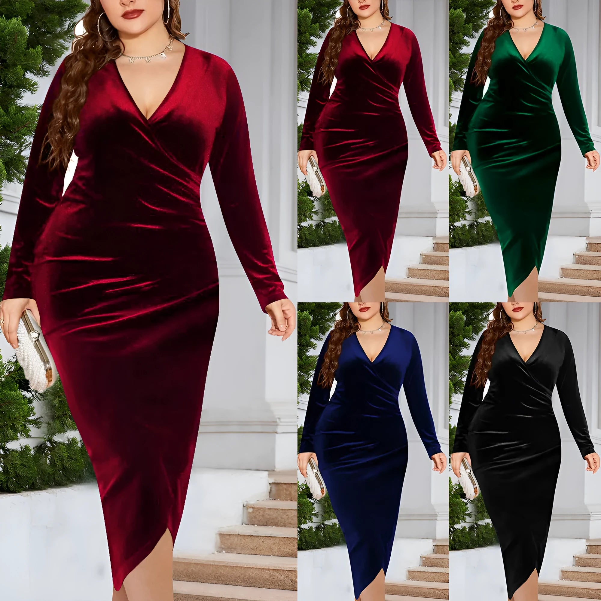 Women's red V-neck long sleeve polyester dress on a hanger, sizes XL to 5XL.