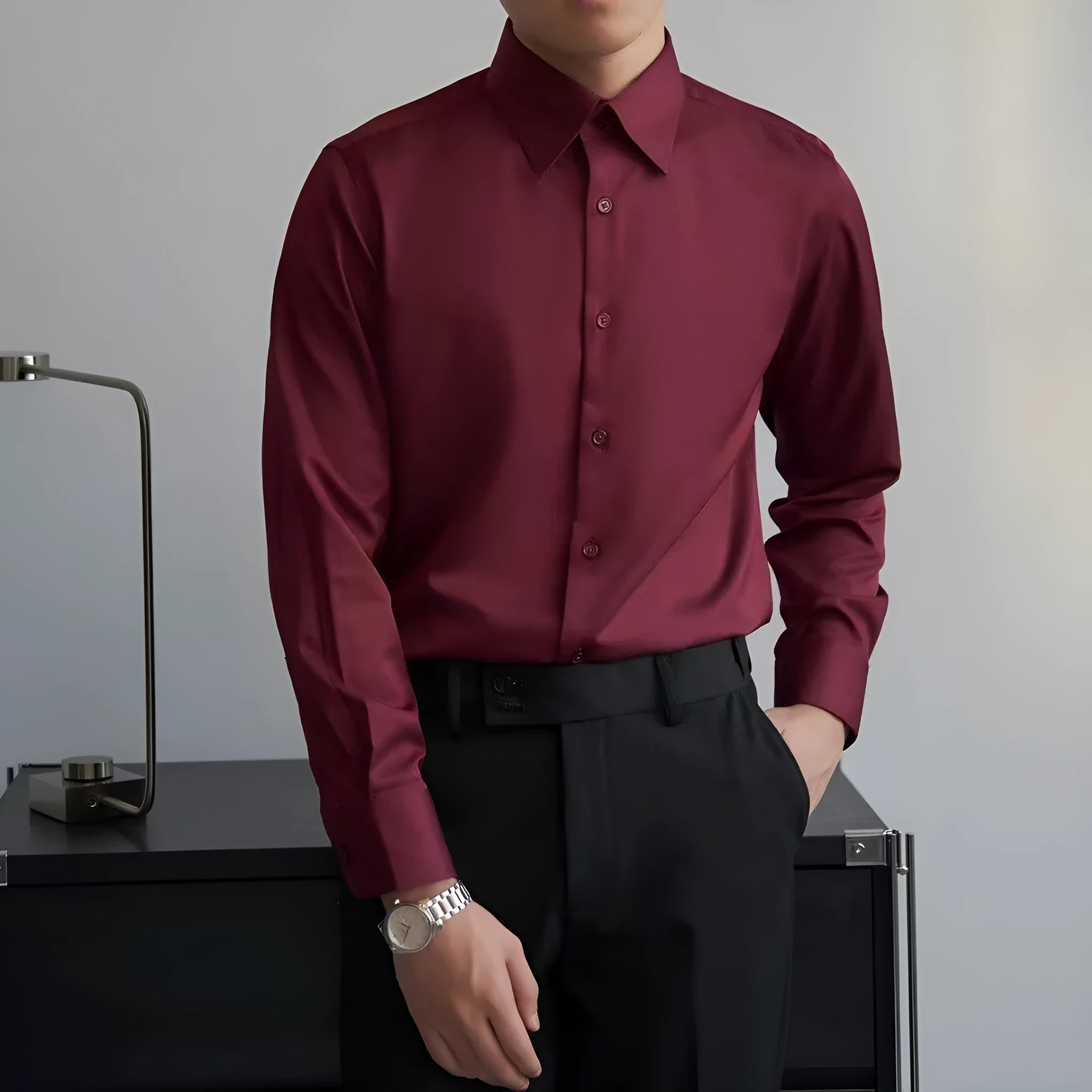 Men's black long sleeve polyester cardigan shirt with loose fit Japanese retro style for autumn