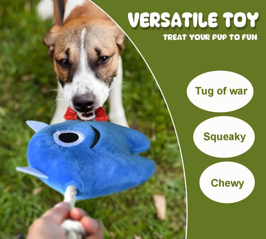 Large blue plush dog toy with cotton rope tug elements and squeaker for aggressive chewers