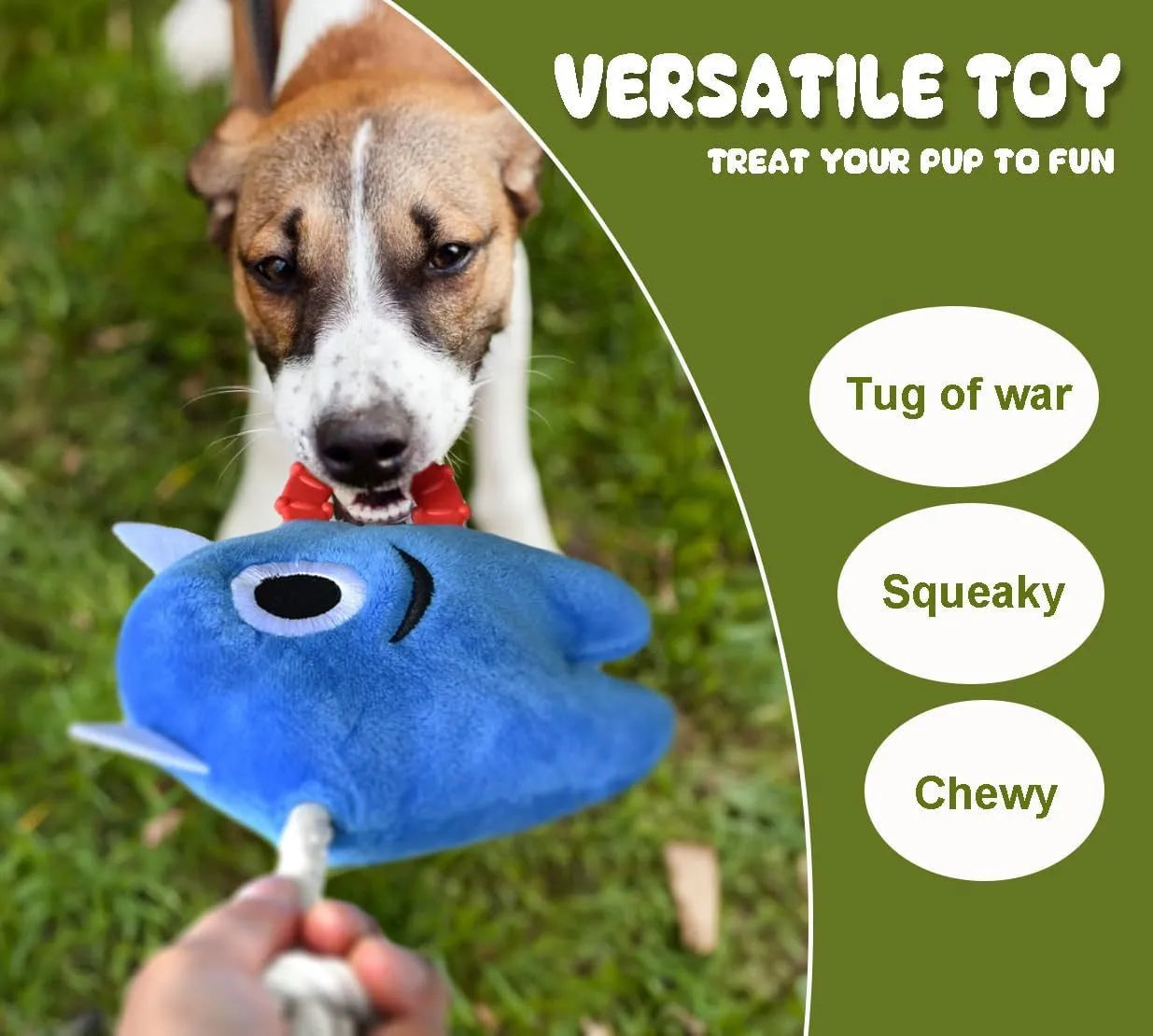 Large blue plush dog toy with cotton rope tug elements and squeaker for aggressive chewers