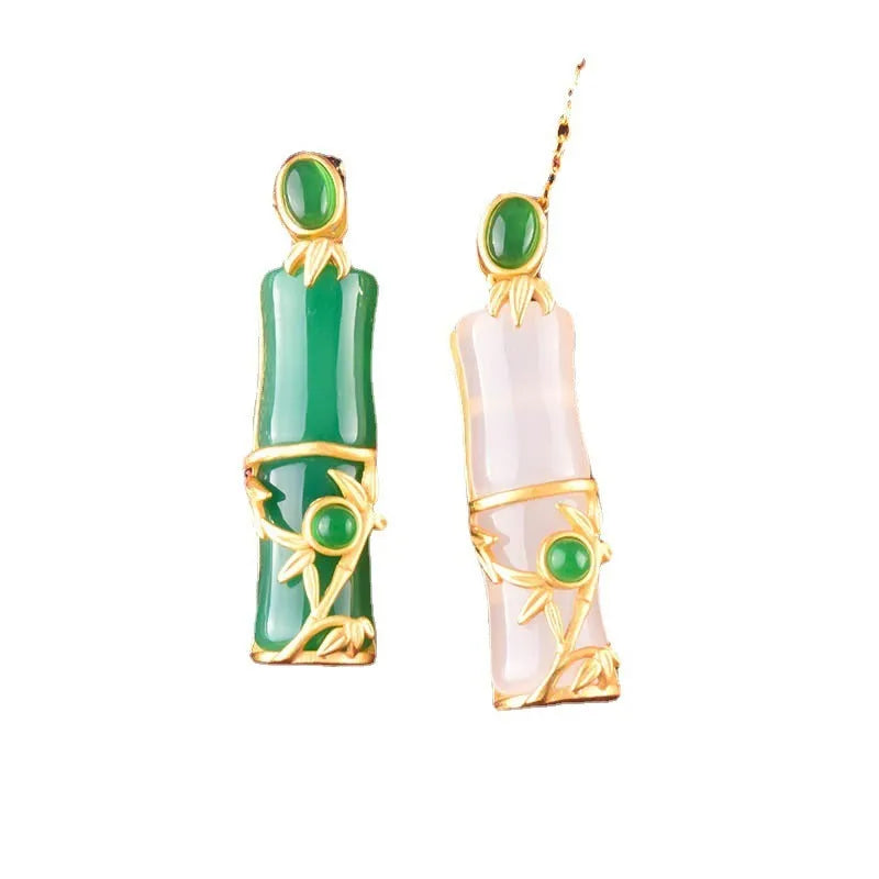 Gold-plated copper lucky bamboo pendant necklace with high-rise clavicle chain in green or white geometric design