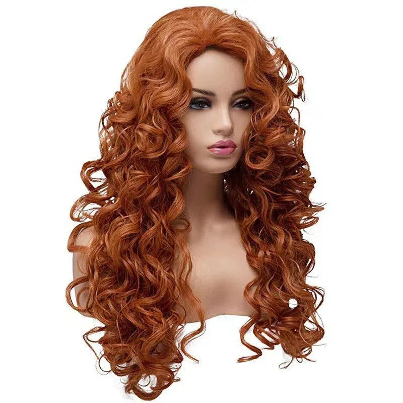 Brown long wavy curly wig made of high temperature fiber with fluffy natural body texture
