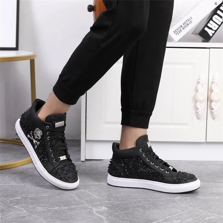 Men's black genuine leather high-top skeleton shoes with lace-up closure and rubber sole