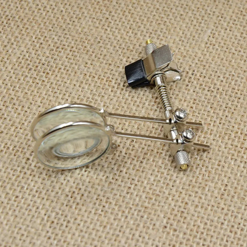 Reading glasses double clip accessory with metal bracket and glass lens for attaching to spectacles