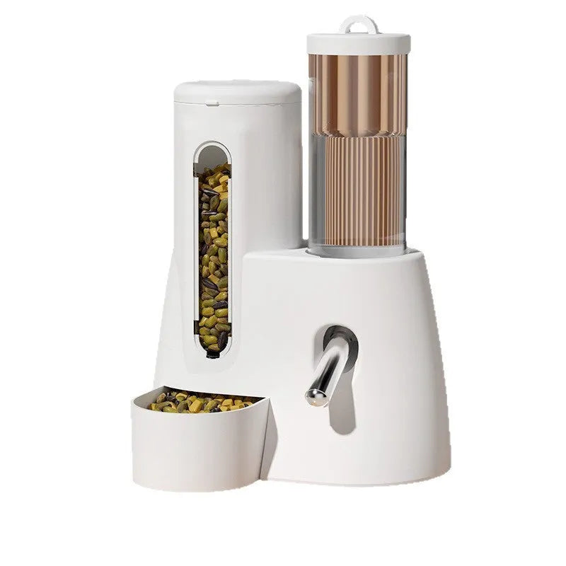 White hamster automatic drinking water feeder with integrated food basin for cage placement