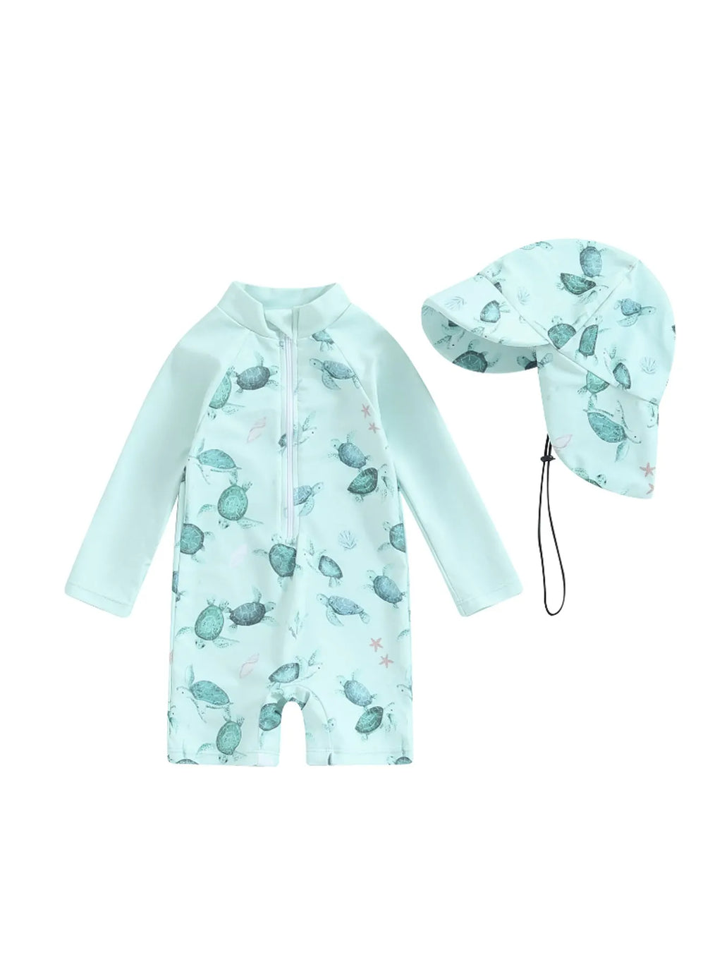Girls long-sleeve one-piece swimsuit with attached hat in ivory white, light green, or slabstone grey, sizes 70-110