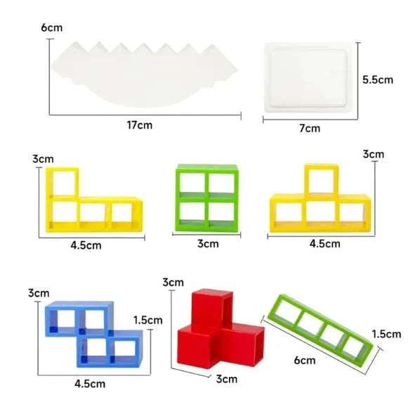 Plastic balance stacking game with 16 coloured blocks, chassis, and base on a table.