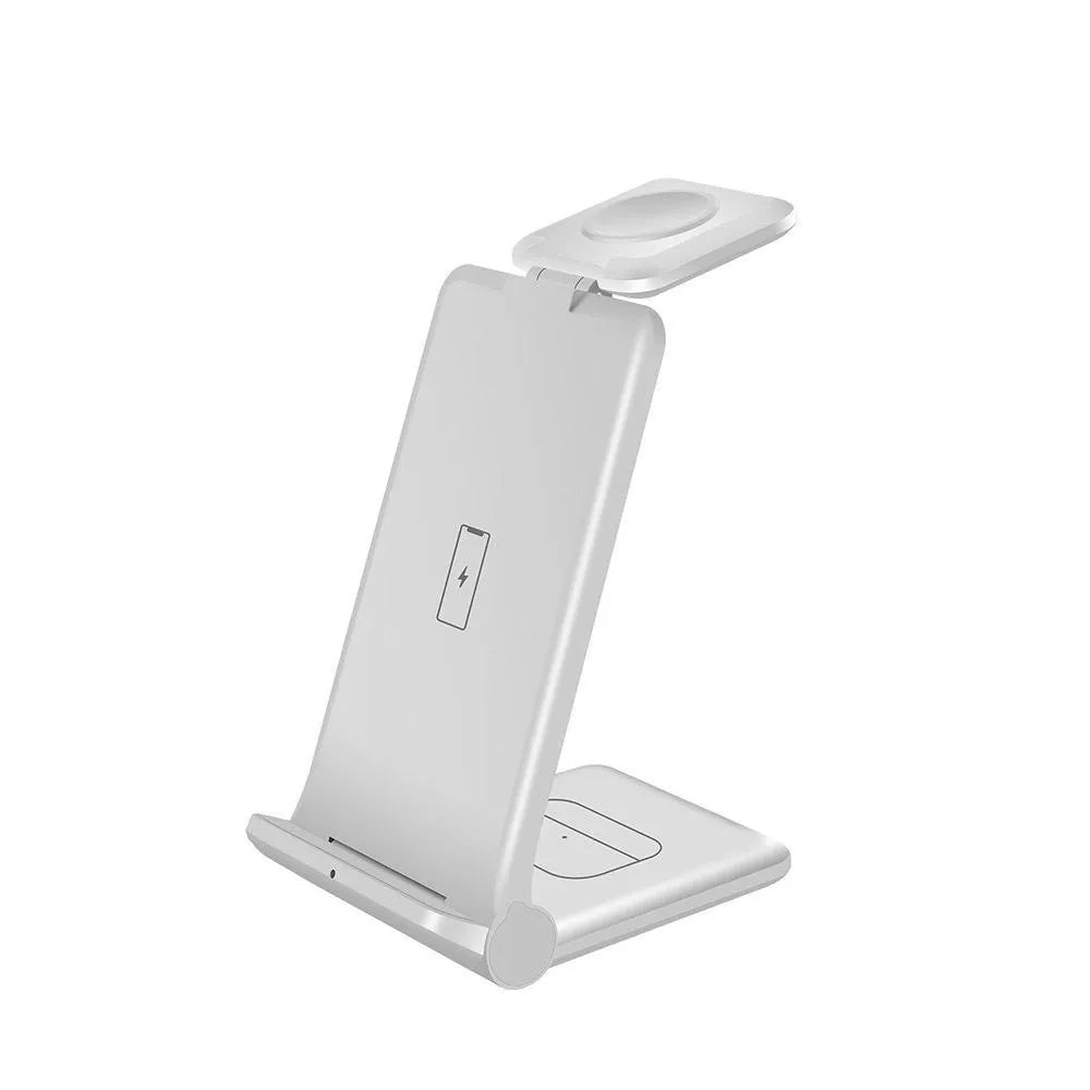 Black and white 3-in-1 foldable wireless charging station for phone, Apple Watch and AirPods.
