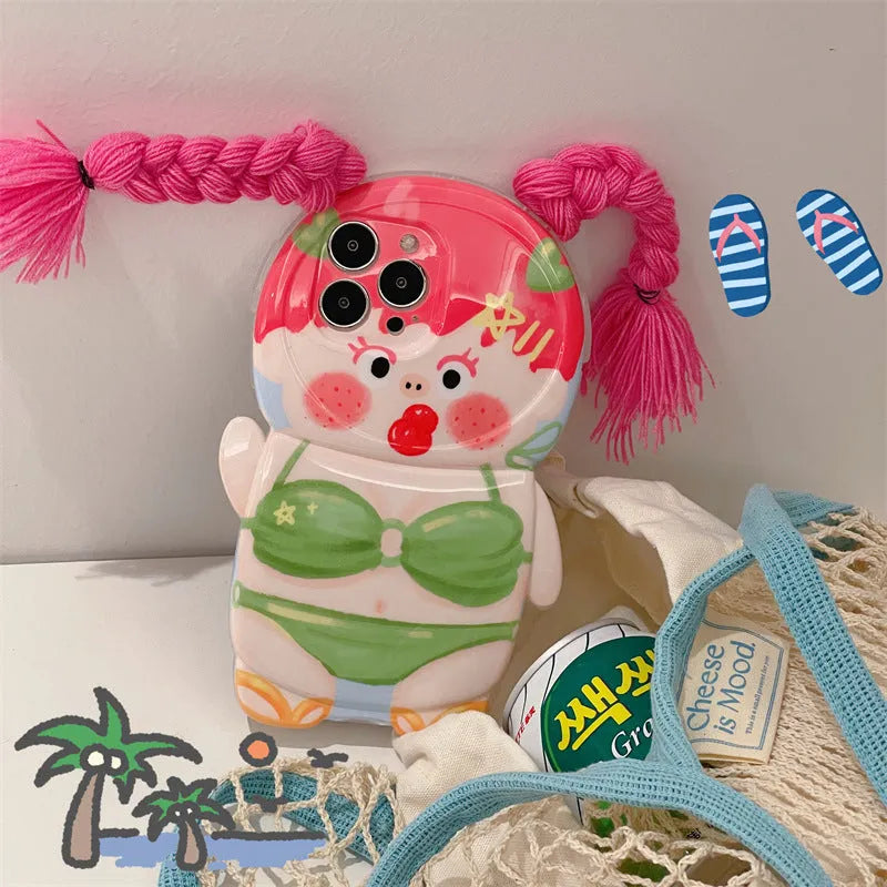 Pink and green cartoon braid swimsuit girl silicone iPhone case for iPhone 11 to 14 models
