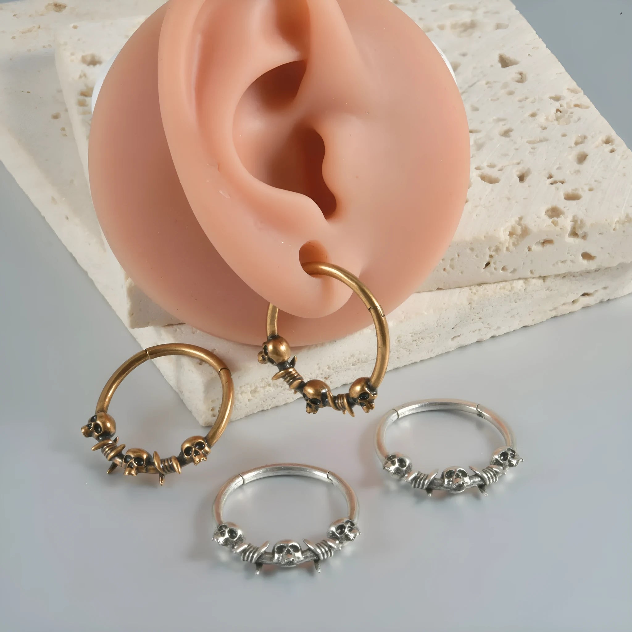 Copper punk earrings with antique ghost head designs in gold or silver finish