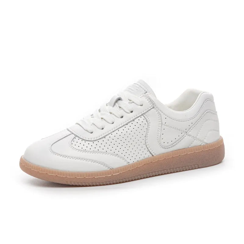 Breathable hollow casual shoes in white with cowhide upper, flat heel, and round toe