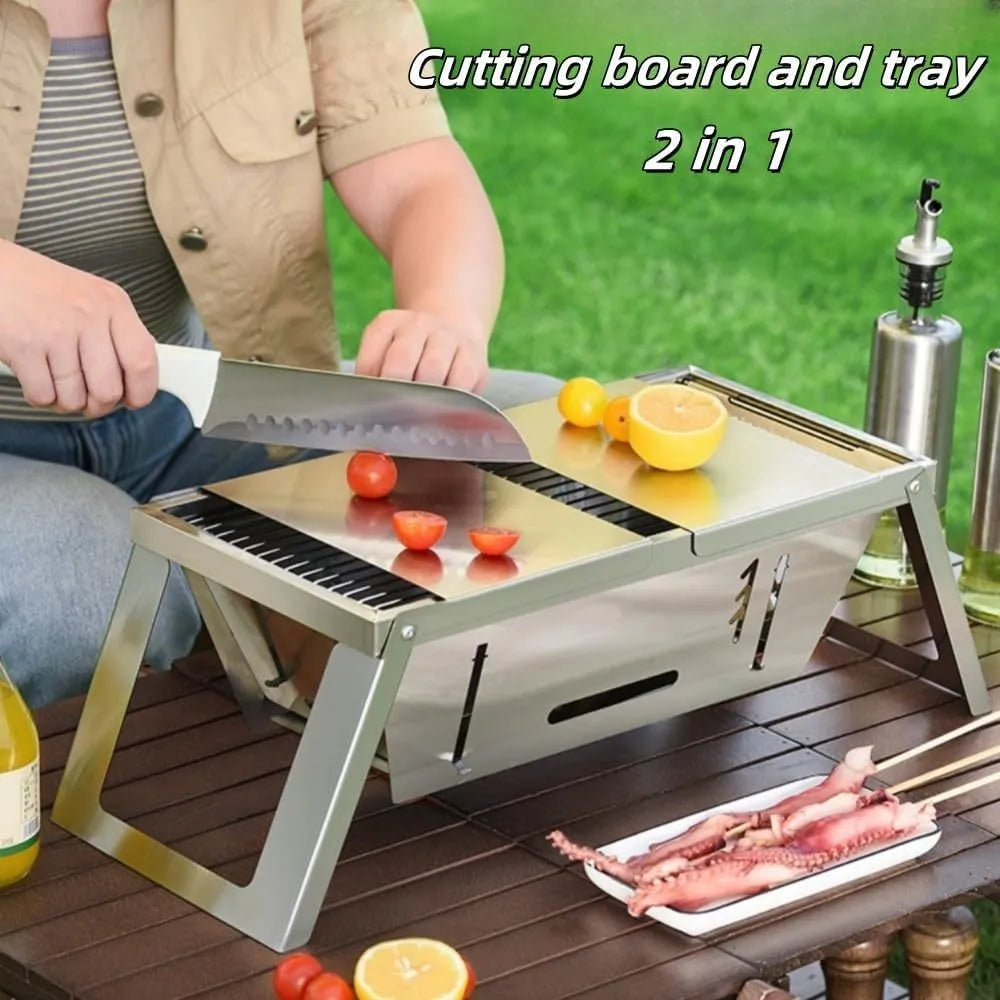 Small foldable portable charcoal grill with iron construction for outdoor barbecues